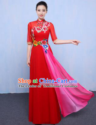 Chinese Traditional Chorus Singing Group Embroidered Costume, Compere Classical Dance Red Dress for Women