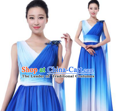 Traditional Chorus Singing Group Modern Dance Costume, Compere Classical Dance Blue Dress for Women