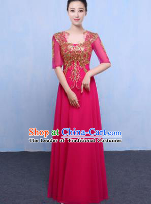 Top Grade Chorus Singing Group Modern Dance Embroidered Rosy Dress, Compere Classical Dance Costume for Women