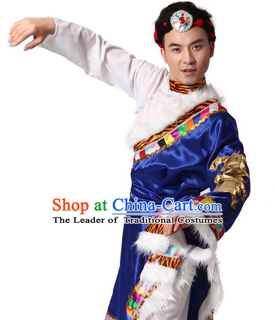Traditional Chinese Zang Nationality Clothing, Tibetan Minority Folk Dance Ethnic Costume and Headpiece for Men