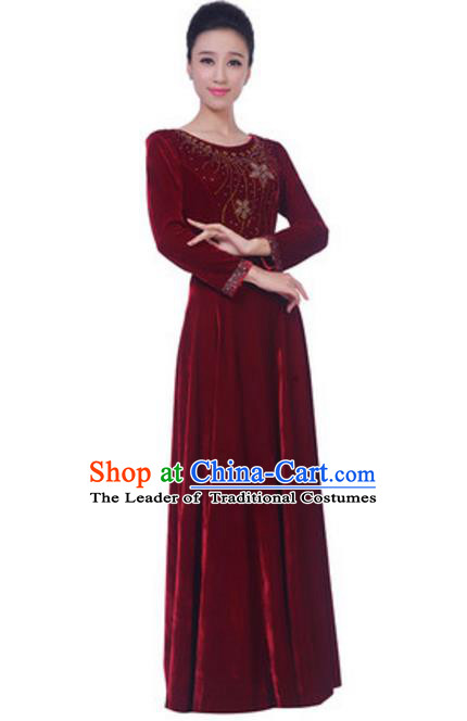 Top Grade Chorus Singing Group Wine Red Velvet Dress, Compere Classical Dance Costume for Women