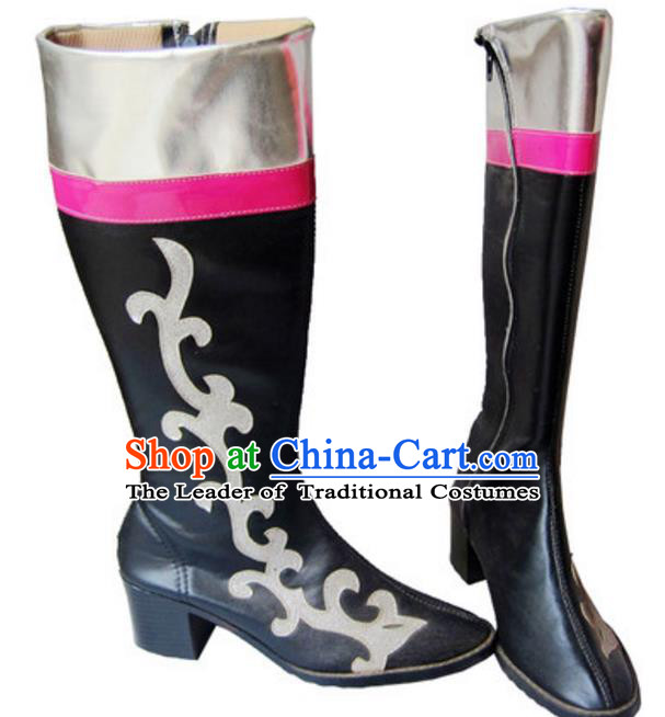 Chinese Traditional Mongol Dance Shoes, Uigurian Minority Folk Dance Black Boots for Women