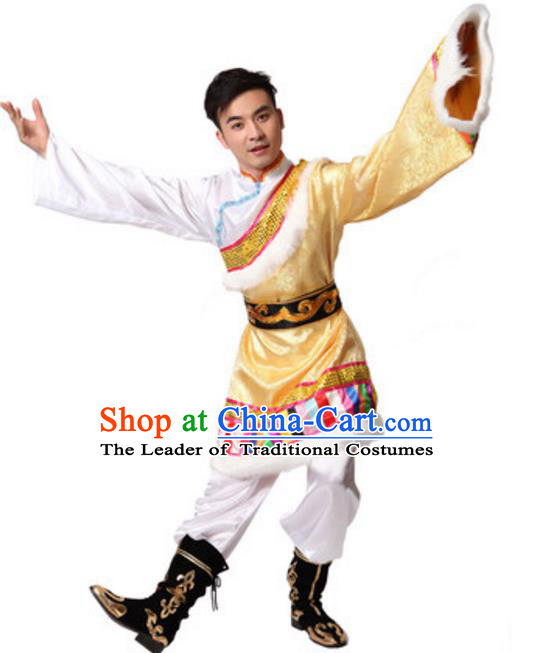 Traditional Chinese Zang Nationality Dance Clothing, Tibetan Minority Folk Dance Ethnic Costume for Men