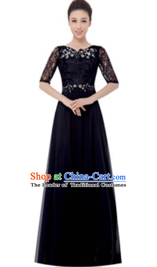 Top Grade Chorus Singing Group Black Lace Full Dress, Compere Modern Dance Costume for Women