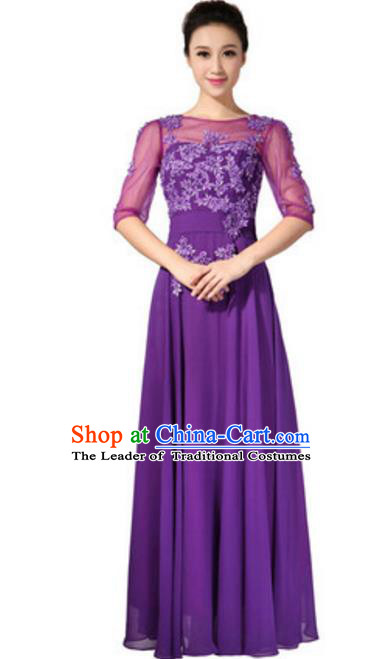 Top Grade Chorus Singing Group Embroidered Lace Full Dress, Compere Classical Dance Purple Costume for Women