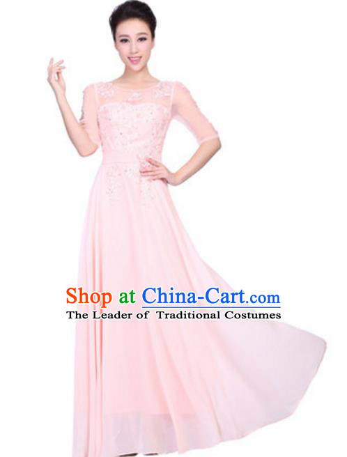 Top Grade Chorus Singing Group Embroidered Lace Full Dress, Compere Classical Dance Pink Costume for Women