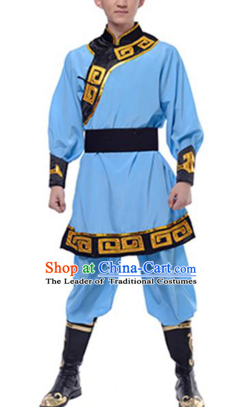 Traditional Chinese Mongols Nationality Blue Clothing, China Mongolian Minority Dance Ethnic Costume for Men
