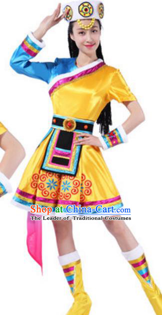 Traditional Chinese Nationality Mongolian Robe, China Mongols Ethnic Dance Costume and Hat for Women
