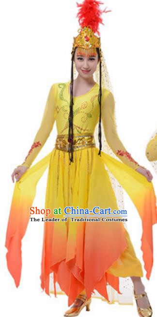 Traditional Chinese Uyghur Nationality Yellow Dress, China Uigurian Ethnic Dance Costume and Hat for Women
