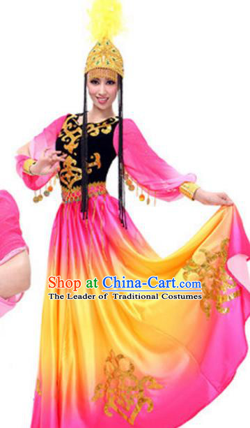 Traditional Chinese Uyghur Nationality Rosy Dress, China Uigurian Ethnic Dance Costume and Hat for Women