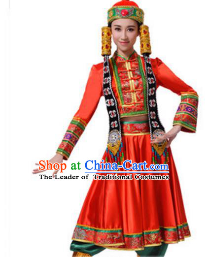 Chinese Traditional Mongol Nationality Red Clothing, China Mongolian Minority Ethnic Dance Costume and Headpiece for Women