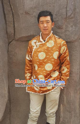 Chinese Traditional Zang Nationality Costume Golden Cotton-padded Jacket, China Tibetan Ethnic Clothing for Men