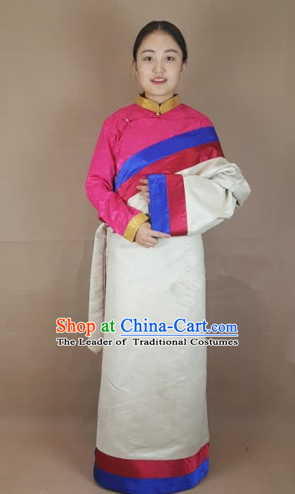 Chinese Traditional Zang Nationality Clothing White Silk Tibetan Robe, China Tibetan Ethnic Heishui Dance Costume for Women