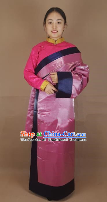 Chinese Traditional Zang Nationality Clothing Pink Silk Tibetan Robe, China Tibetan Ethnic Heishui Dance Costume for Women
