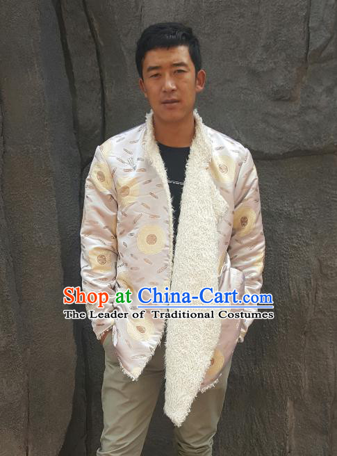 Chinese Traditional Zang Nationality Costume White Cotton-padded Jacket, China Tibetan Ethnic Clothing for Men