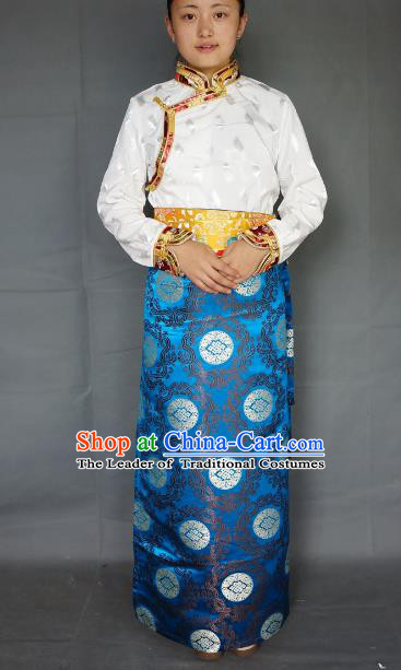 Chinese Traditional Zang Nationality Blue Brocade Skirt, China Tibetan Heishui Dance Costume for Women