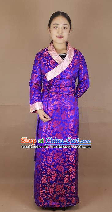 Chinese Traditional Zang Nationality Heishui Dance Costume, China Tibetan Purple Brocade Dress for Women