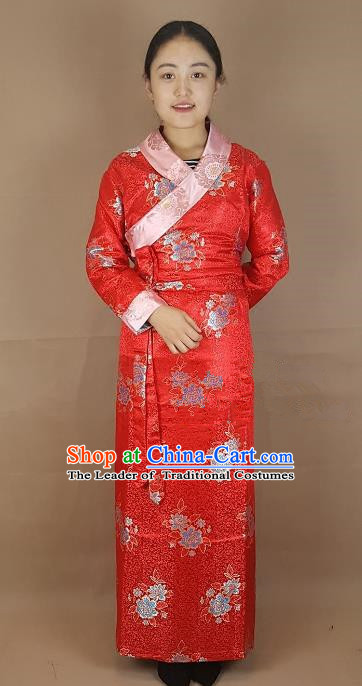 Chinese Traditional Zang Nationality Costume Red Brocade Dress, China Tibetan Heishui Dance Clothing for Women