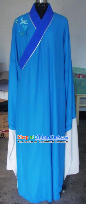 Chinese Traditional Beijing Opera Scholar Costumes Niche Embroidered Orchid Blue Robe for Adults
