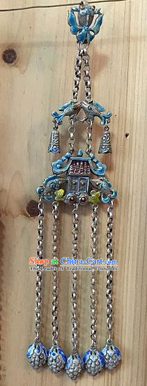 Handmade Chinese Miao Nationality Tassel Necklace Sliver Hmong Blueing Necklet Pendant for Women