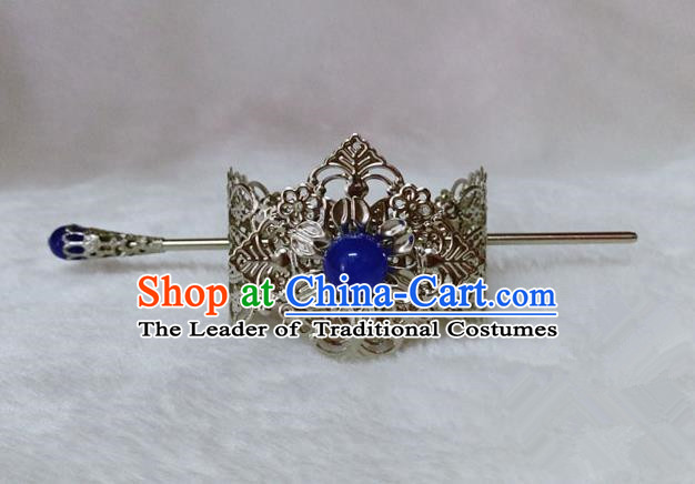 Chinese Traditional Ancient Prince Hair Accessories Swordsman Hairpins Blue Bead Tuinga for Men