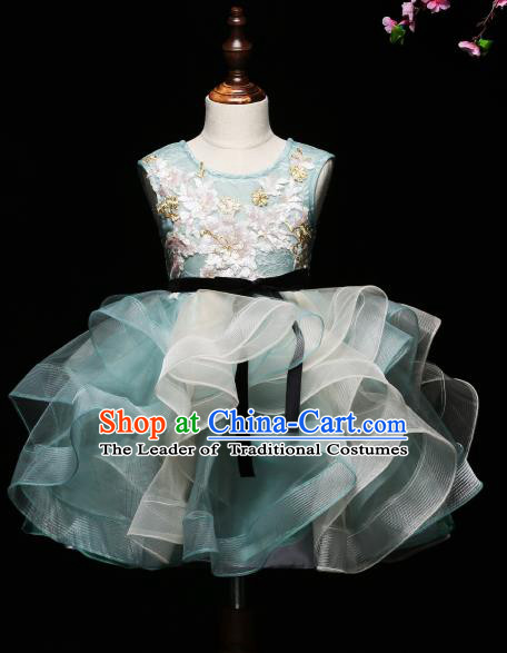 Children Modern Dance Costume Compere Green Full Dress Stage Piano Performance Princess Dress for Kids