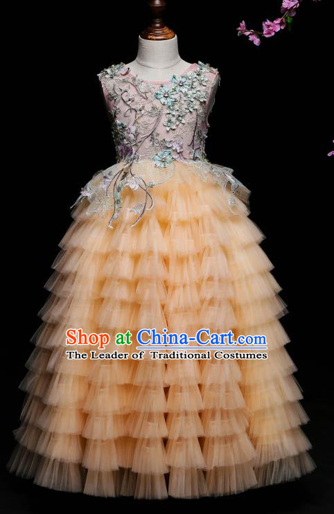 Children Modern Dance Costume Compere Yellow Veil Full Dress Stage Piano Performance Princess Dress for Kids
