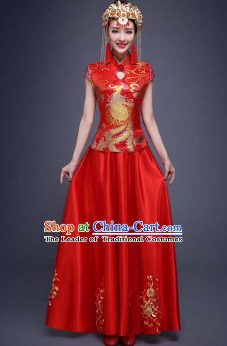 Top Grade Chinese Traditional Wedding Costumes Embroidered Red Lace Xiuhe Suits Bride Dress for Women
