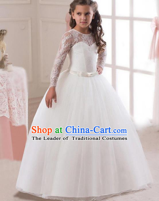 Children Models Show Costume Stage Performance Modern Dance Compere White Lace Veil Dress for Kids
