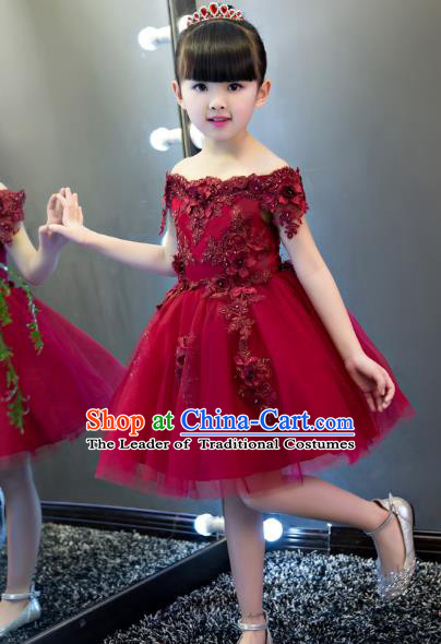 Children Models Show Costume Stage Performance Catwalks Wine Red Veil Dress for Kids