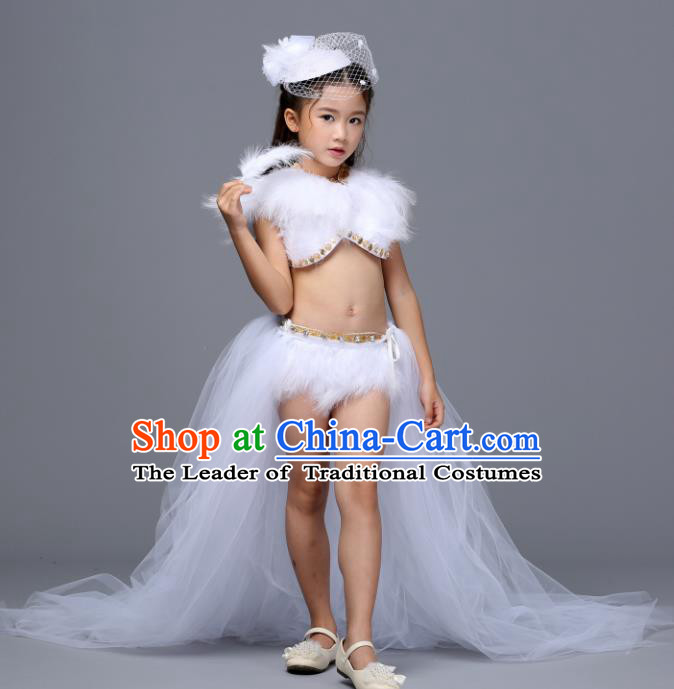 Children Models Show Costume Stage Performance Catwalks Compere White Feather Trailing Dress for Kids