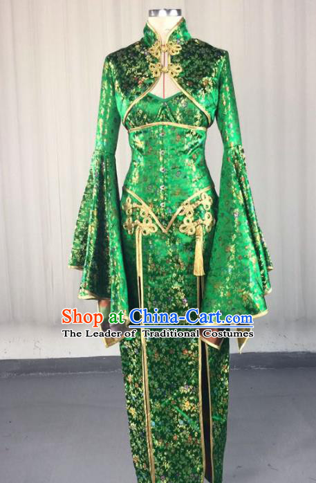 Top Grade Models Show Costume Stage Performance Catwalks Green Cheongsam Full Dress for Women