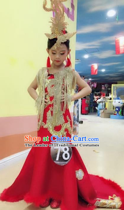 Children Models Show Costume Stage Performance Chinese Catwalks Compere Red Cheongsam Dress for Kids