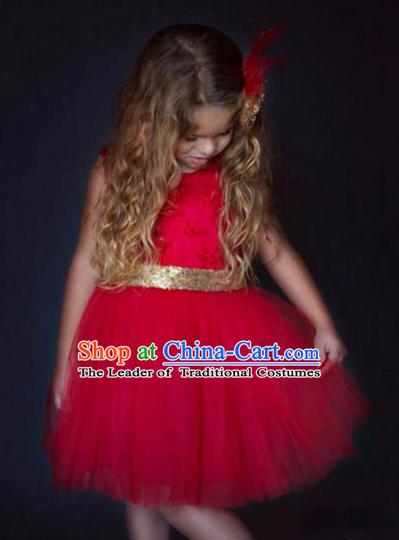 Children Models Show Costume Catwalks Stage Performance Bowknot Red Veil Dress for Kids