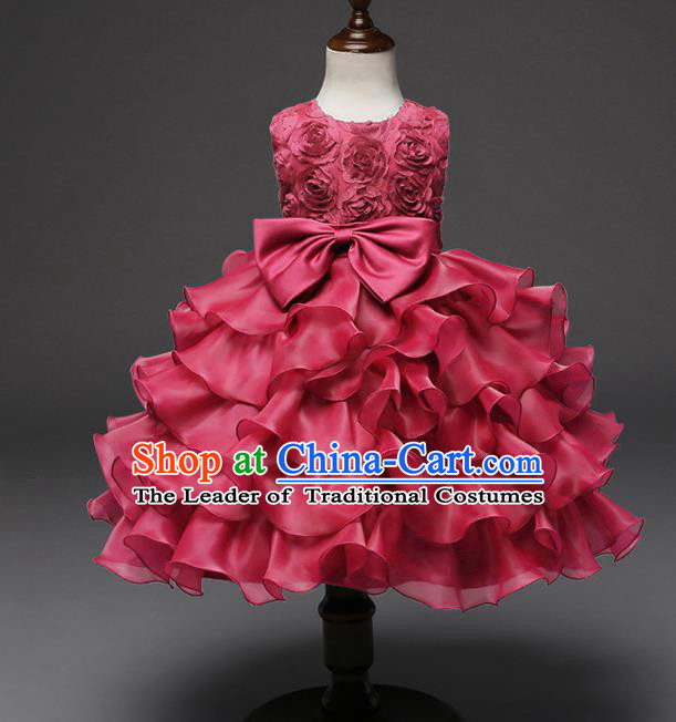 Top Grade Children Catwalks Costume Princess Stage Performance Bowknot Wine Red Bubble Dress for Kids