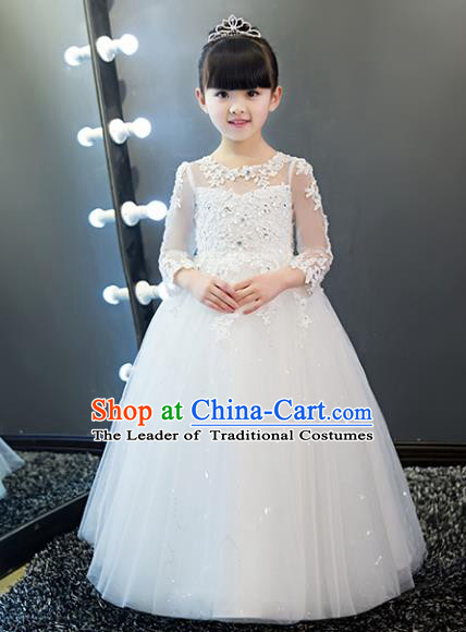 Children Models Show Costume Stage Performance Catwalks White Veil Dress for Kids