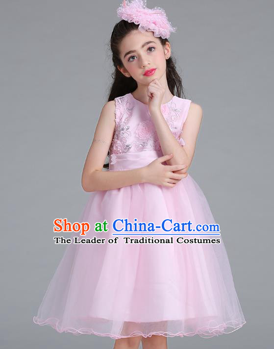 Children Models Show Compere Costume Stage Performance Catwalks Pink Veil Full Dress for Kids