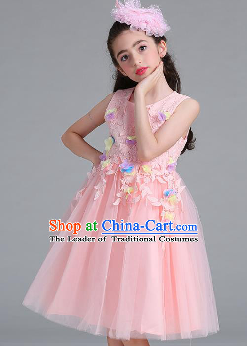 Children Models Show Compere Costume Stage Performance Girls Princess Pink Lace Dress for Kids