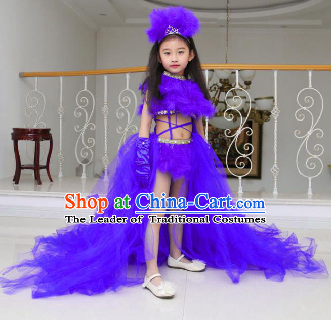 Children Models Show Compere Costume Girls Princess Purple Veil Mullet Dress Stage Performance Clothing for Kids