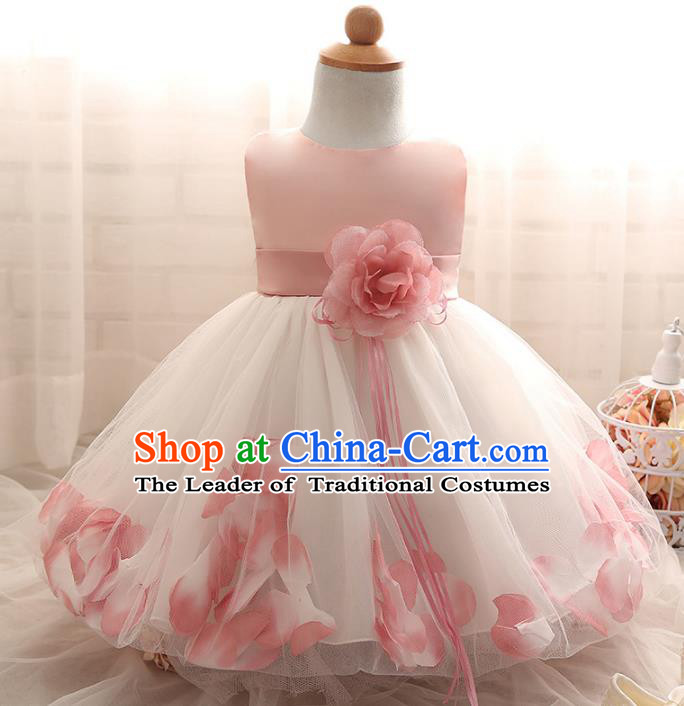Children Models Show Costume Compere Pink Rose Full Dress Stage Performance Clothing for Kids