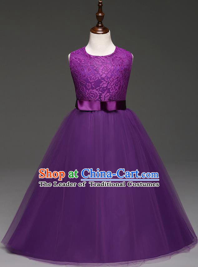 Children Models Show Costume Compere Purple Lace Full Dress Stage Performance Clothing for Kids