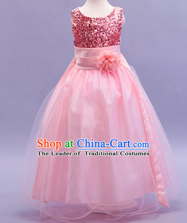 Children Modern Dance Pink Sequins Dress Stage Performance Catwalks Compere Costume for Kids
