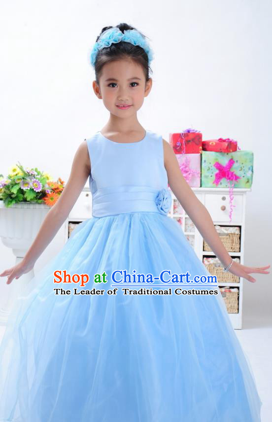Children Modern Dance Princess Blue Dress Stage Performance Catwalks Compere Costume for Kids