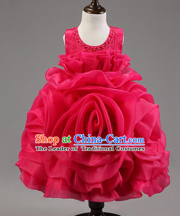 Children Modern Dance Princess Dress Stage Performance Catwalks Compere Rosy Rose Costume for Kids
