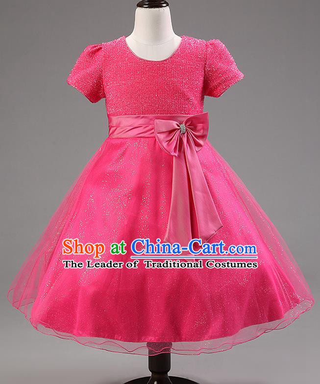 Children Modern Dance Rosy Bowknot Bubble Dress Stage Performance Compere Catwalks Costume for Kids