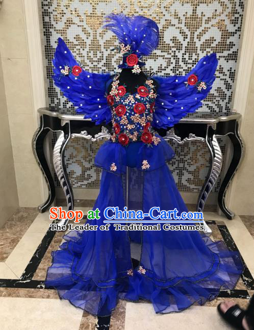 Children Modern Dance Full Dress Stage Performance Catwalks Costume Blue Feather Swimsuit and Wings for Kids
