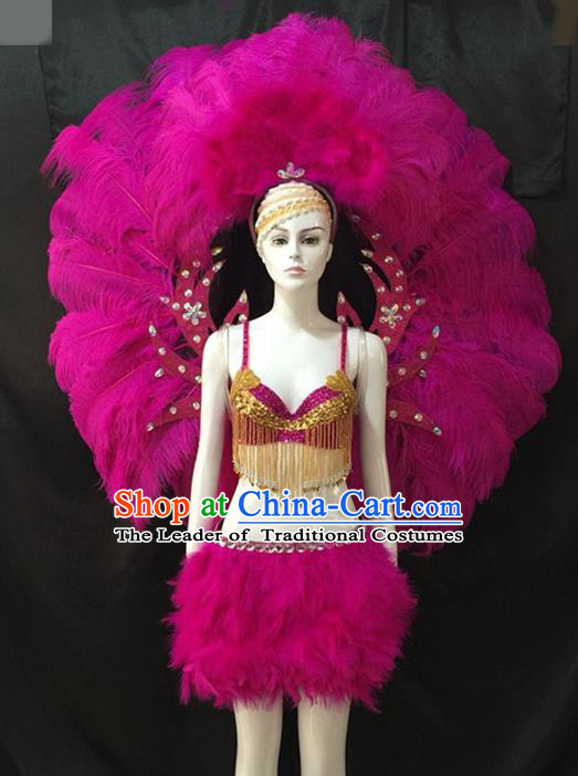 Top Grade Brazilian Carnival Samba Dance Costumes Halloween Miami Catwalks Rosy Feather Swimsuit and Wings for Women