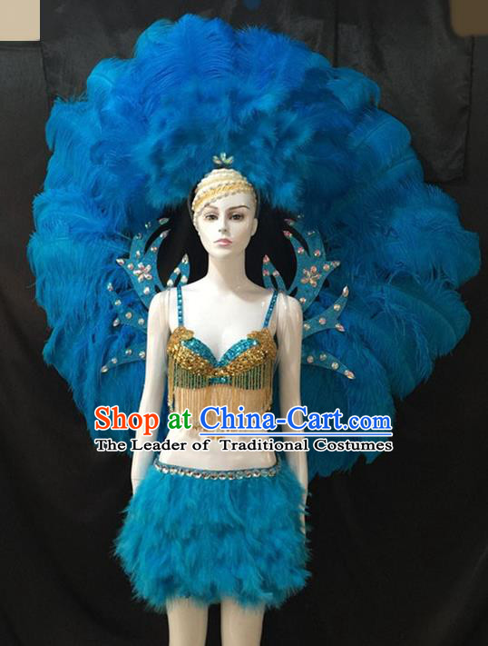 Top Grade Brazilian Carnival Samba Dance Costumes Halloween Miami Catwalks Blue Feather Swimsuit and Wings for Women