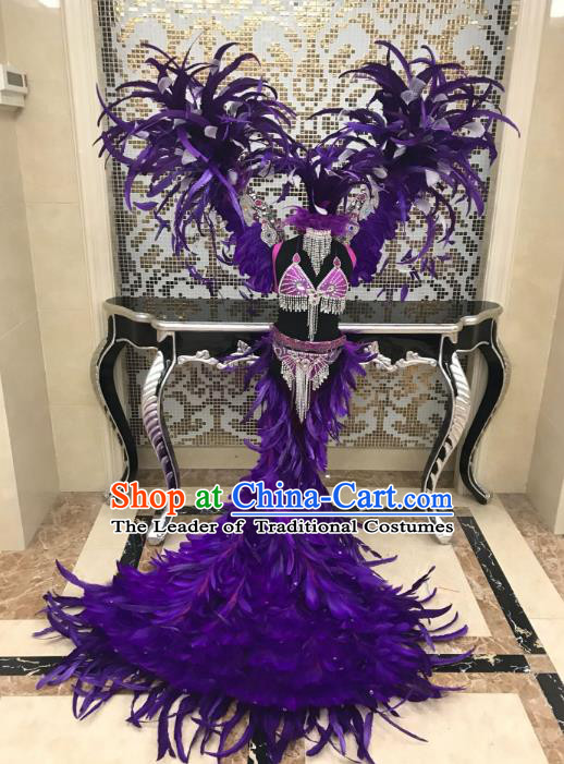Children Catwalks Costume Modern Dance Purple Feather Swimsuit and Angel Wings for Kids