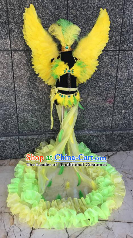 Top Grade Brazilian Carnival Costumes Halloween Catwalks Yellow Feather Swimsuit and Hair Accessories for Kids